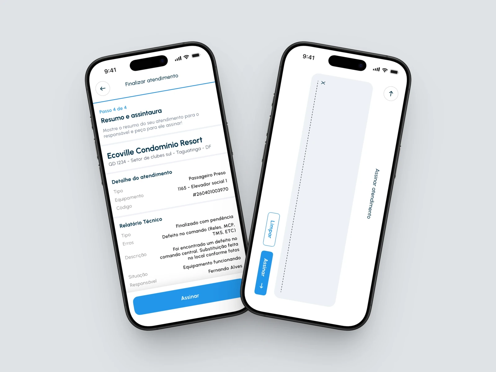 Telas do aplicativo técnico com resumo do atendimento e assinatura digital.